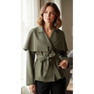 DESIGNER A NEW DAY GREEN CAPE DETAIL LONG SLEEVES SIDE POCKETS TIE WAIST JACKET